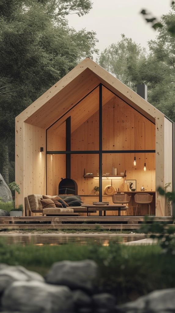A-frame wooden cabin in forest dusk