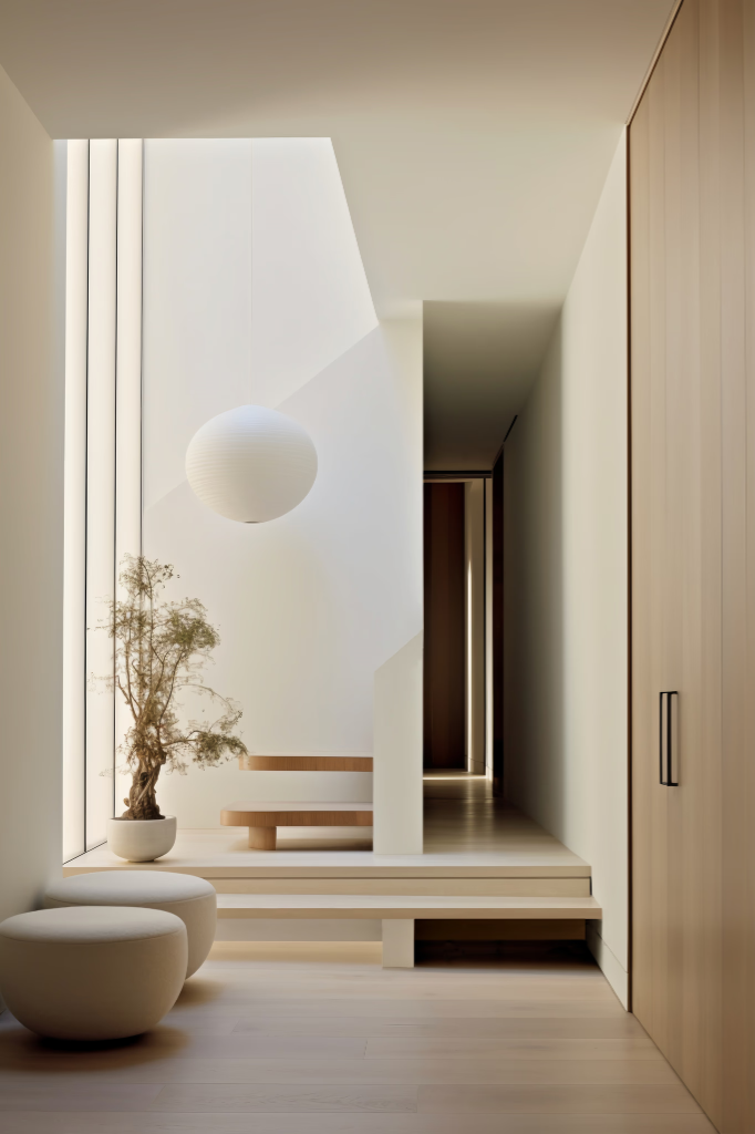 Minimalist architectural stairs and orb lamp