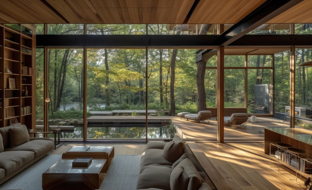 Luxury wood and concrete villa glass windows